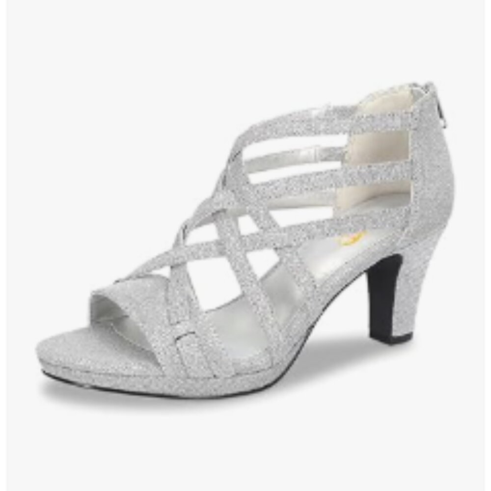 XYD Silver Ballroom Strappy Sandals Open Toe Block Low Heel Back Zip Dance Shoes